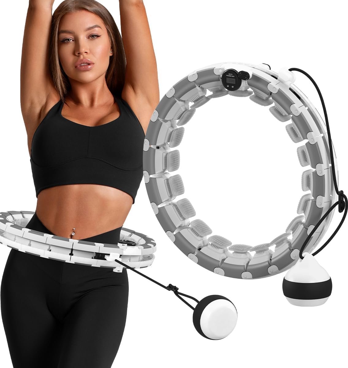 Slimme Hoelahoep - Fitness Ring - Figuur Vormen - Verstelbare Band Met Bal - 50-140 cm - Wit Grijs