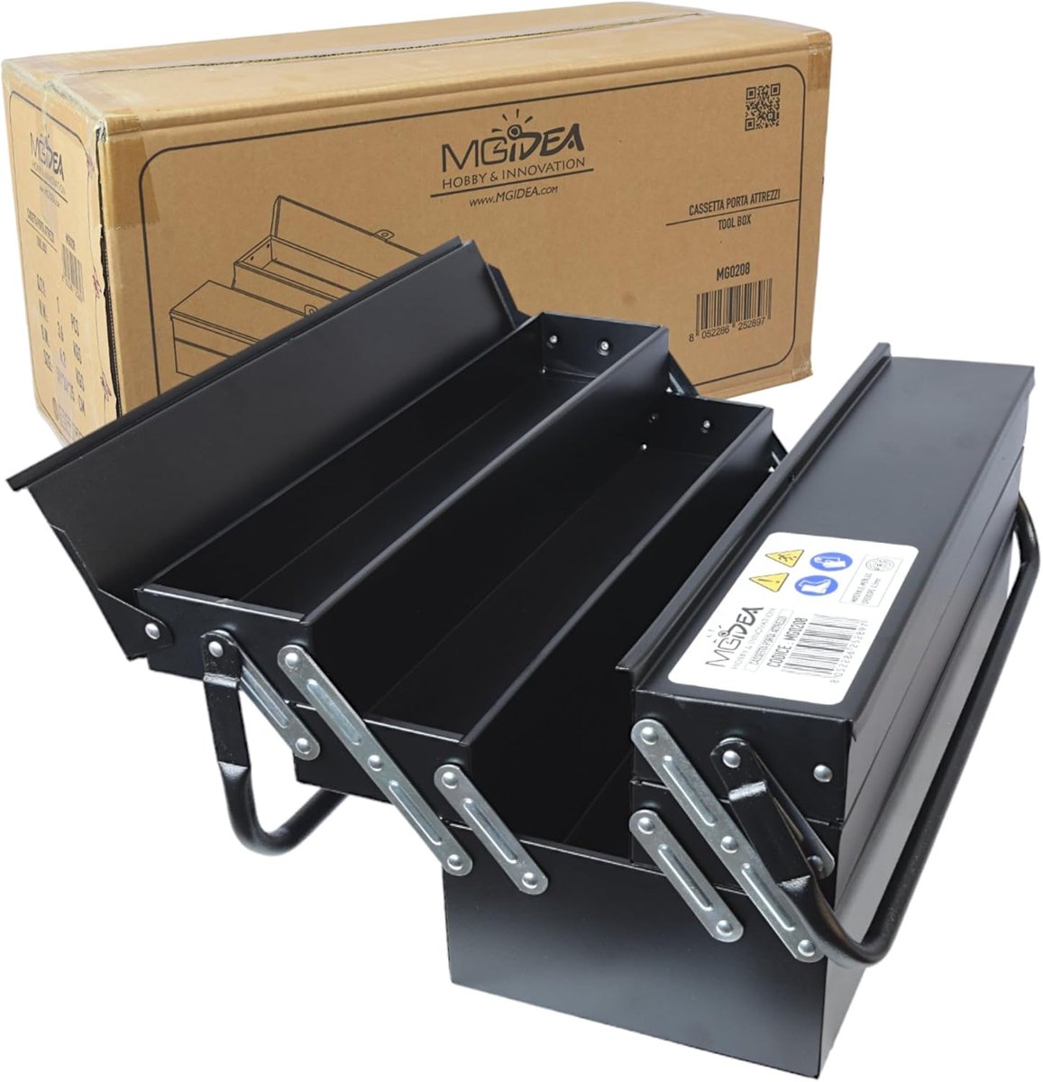 Metalen Gereedschapskoffer - Opbergkist Werkplaats - Gereedschap Organiseren - Vijf Handige Vakken - 47x30x20 cm - Mat Zwart