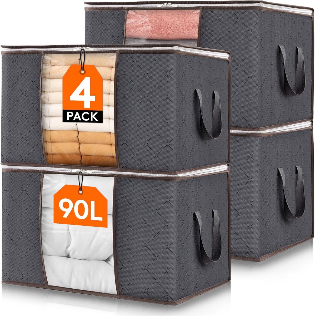 Grote Opbergzakken - Opbergboxen Organizer - Ruimte Besparen - Versterkte Handgrepen - 90 Liter Capaciteit - Grijs
