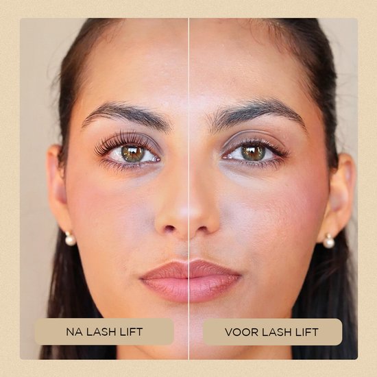 Vergelijking van wimpers 'voor' en 'na' lash lift met KYRO Beauty. Wimpers zijn langer en gekruld na de behandeling.
