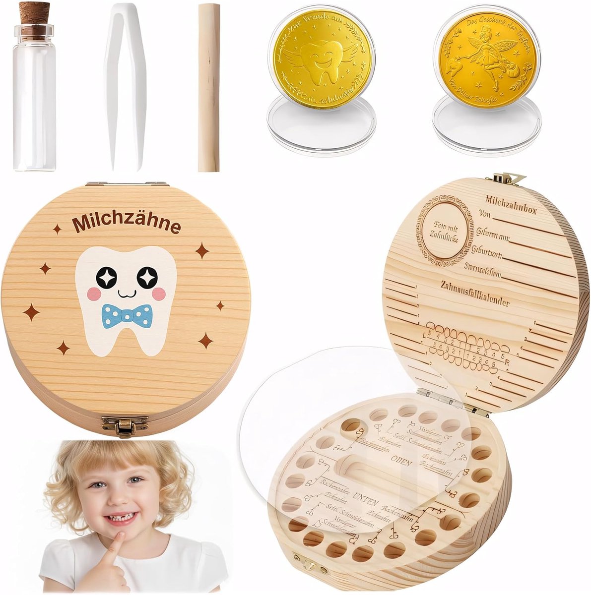 Melktandendoos Houten - Baby Tanden Bewaren - Herinneringen Opbergen - Inclusief Munt en Flesje - 12.5 x 12.2 cm