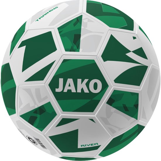 Ballon d'entraînement Jako River taille 4 en blanc et vert, avec le logo JAKO au centre et le texte "TRAINING" et "RIVER".