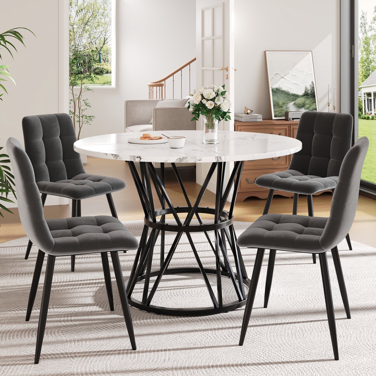 MODFU - Eethoek - Ronde Eettafel Met 4 Stoelen - Modern - Voor Keuken Of Eetkamer - MDF, F