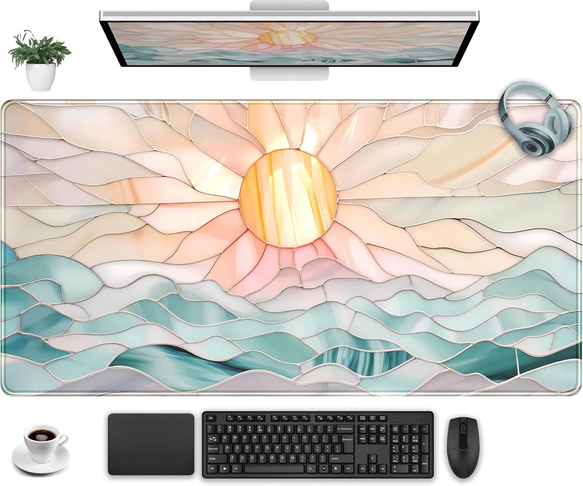 XXL Bureauonderlegger - Muismat Toetsenbordmat - Thuiswerken Gaming - Abstract Oceaan Design - 80 x 40 cm - Pastel Glaslook