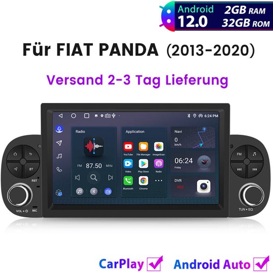 Autoradio - Compatibel met voorFiat Panda 2013-2020, Android 13 autonavigatie, 7-inch scherm met ingebouwde CarPlay + Android Auto/2 + 64G + AHD-camera + microfoon.