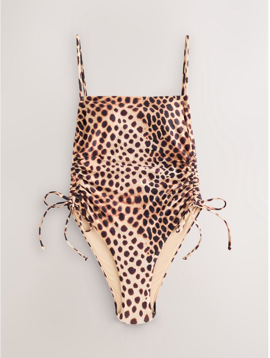 Next Dames - Buikcorrigerend badpak met ruches en vierkante hals - Bruin Brown Leopard Print