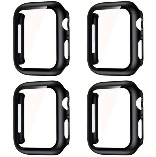 Zwart smartwatch screenprotector met geïntegreerde case 45 mm serie 7 / 8 / 9 geschikt voor Apple Watch dames en heren set van 4 stuks pc frame met gehard glas beschermhoes volledig omsluitend casual design