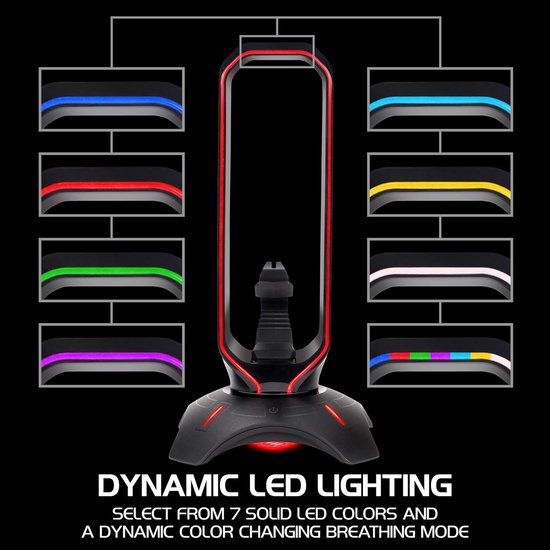 Gaming Headset Standaard met Muisbungee en 2 Poorts USB Hub, 7 Kleuren LED Verlichting van Merkloos — afbeelding 4