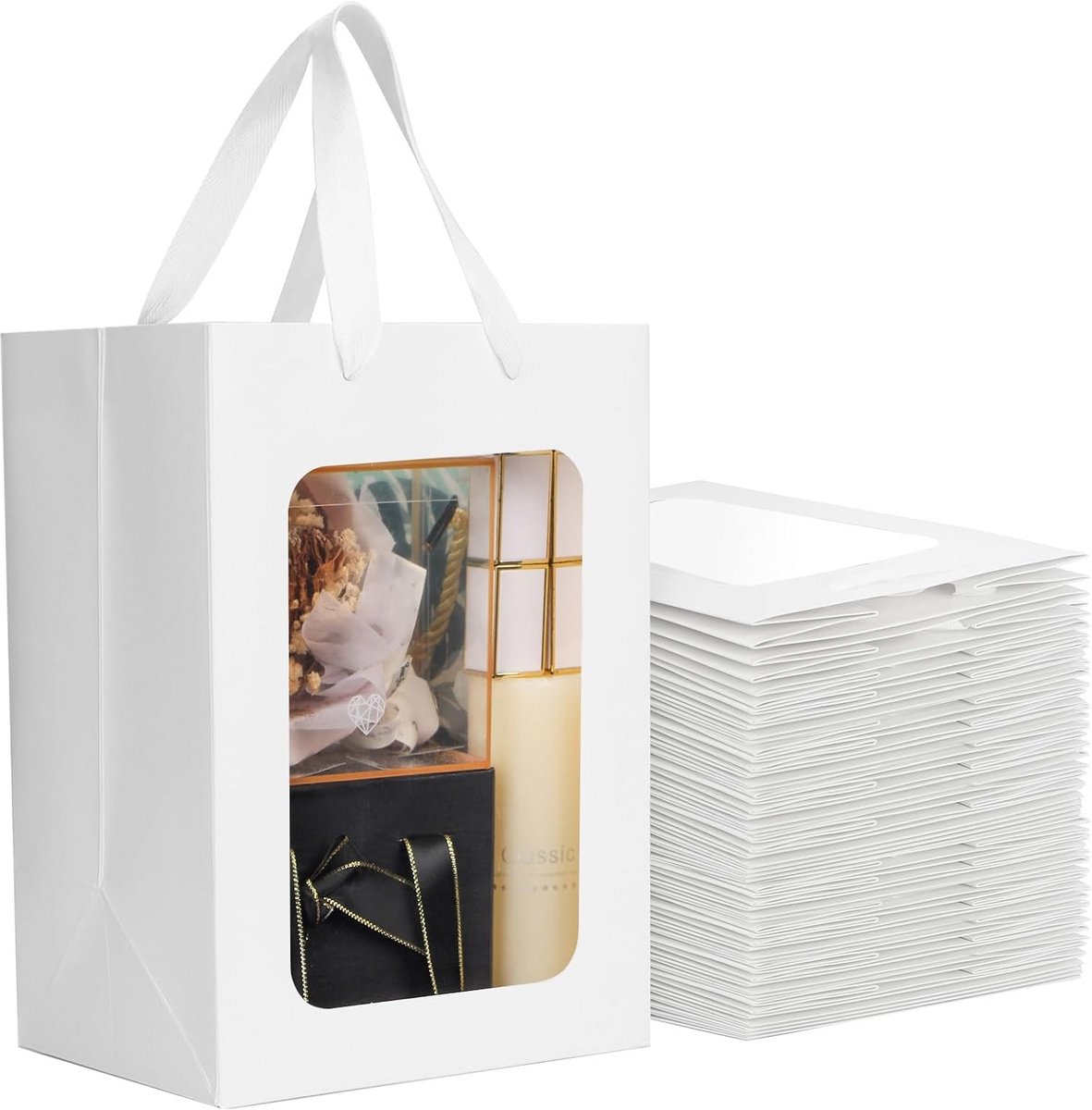 Witte Papieren Cadeauzakken met Handvatten - Set van 50 - Stevige Kraft Zakken met Kijkvenster