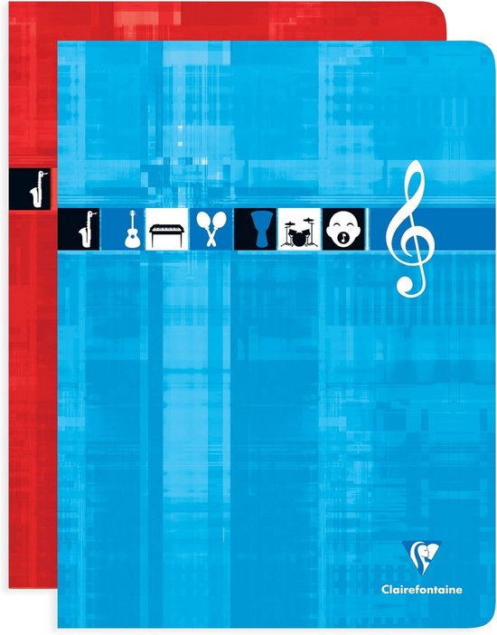 Set van 2, een rood en een blauw schrift met muzieksymbolen en een vioolsleutel. De rode heeft een trommel symbool op de zijkant.