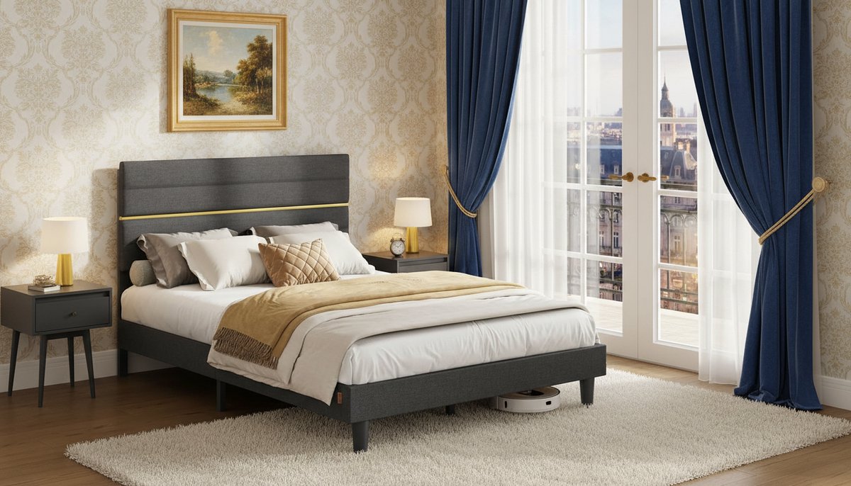 Tweepersoonsbed 140x200 cm met Verstelbaar Hoofdbord – House&Garden Luxe Gestoffeerd Bedframe, Metaal & Massief Hout, Leigrijs, Modern Design, Geluidsarm & Comfortabel