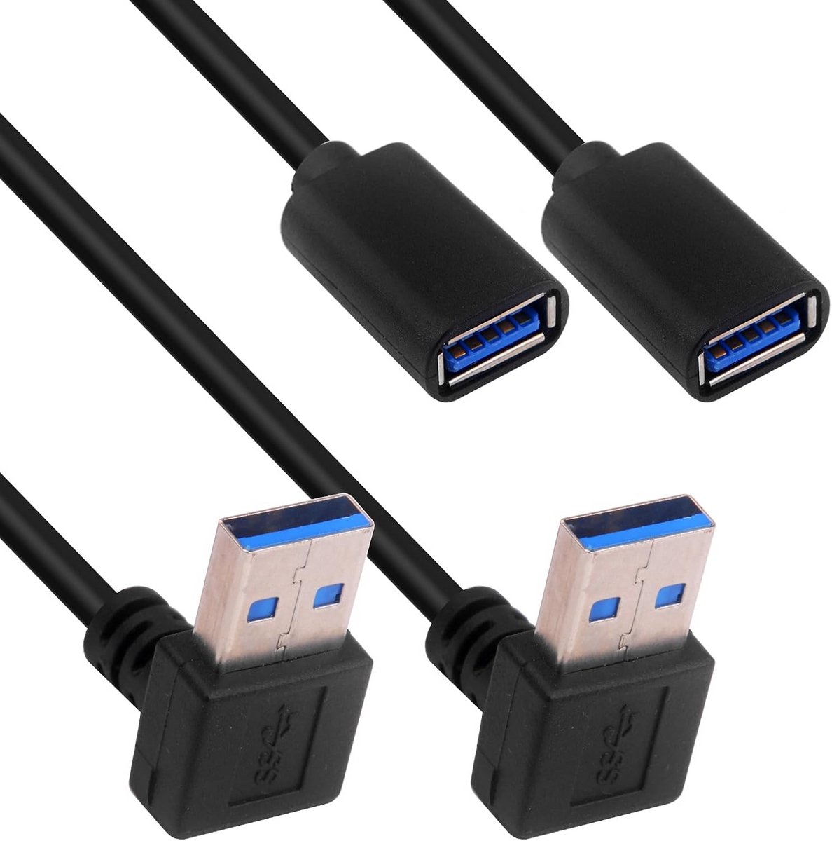 USB 3.0 Verlengkabel 90 Graden Hoekplug Recht Onder 30cm (2 Stuks)