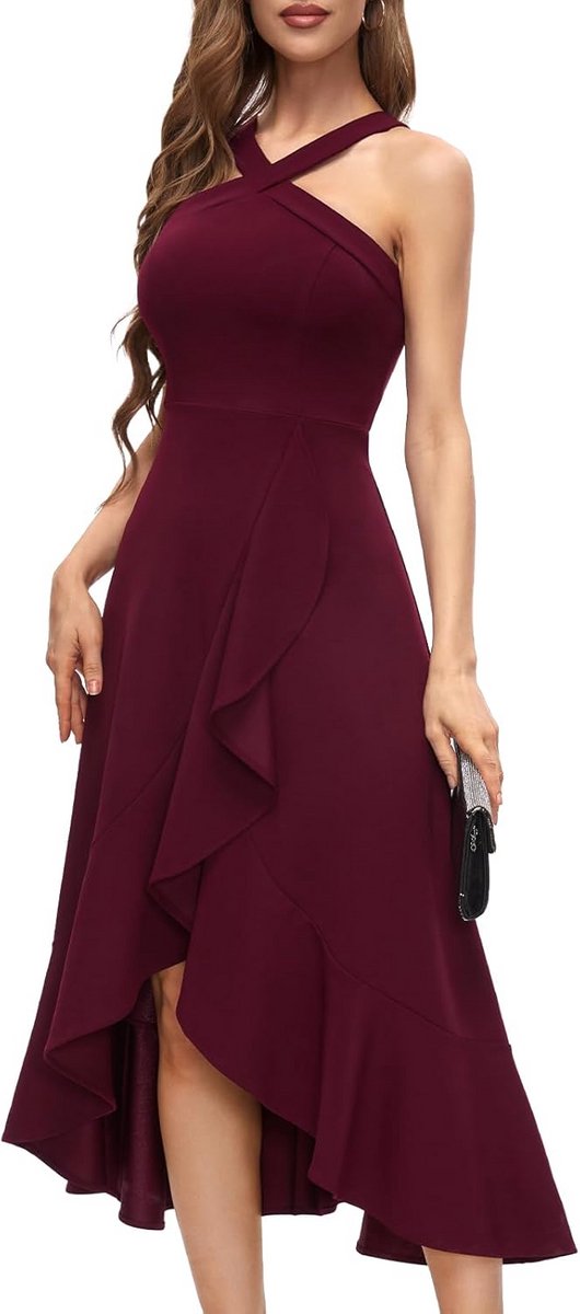 Dames Halter Maxi Jurk met Ruches voor Feest en Cocktail