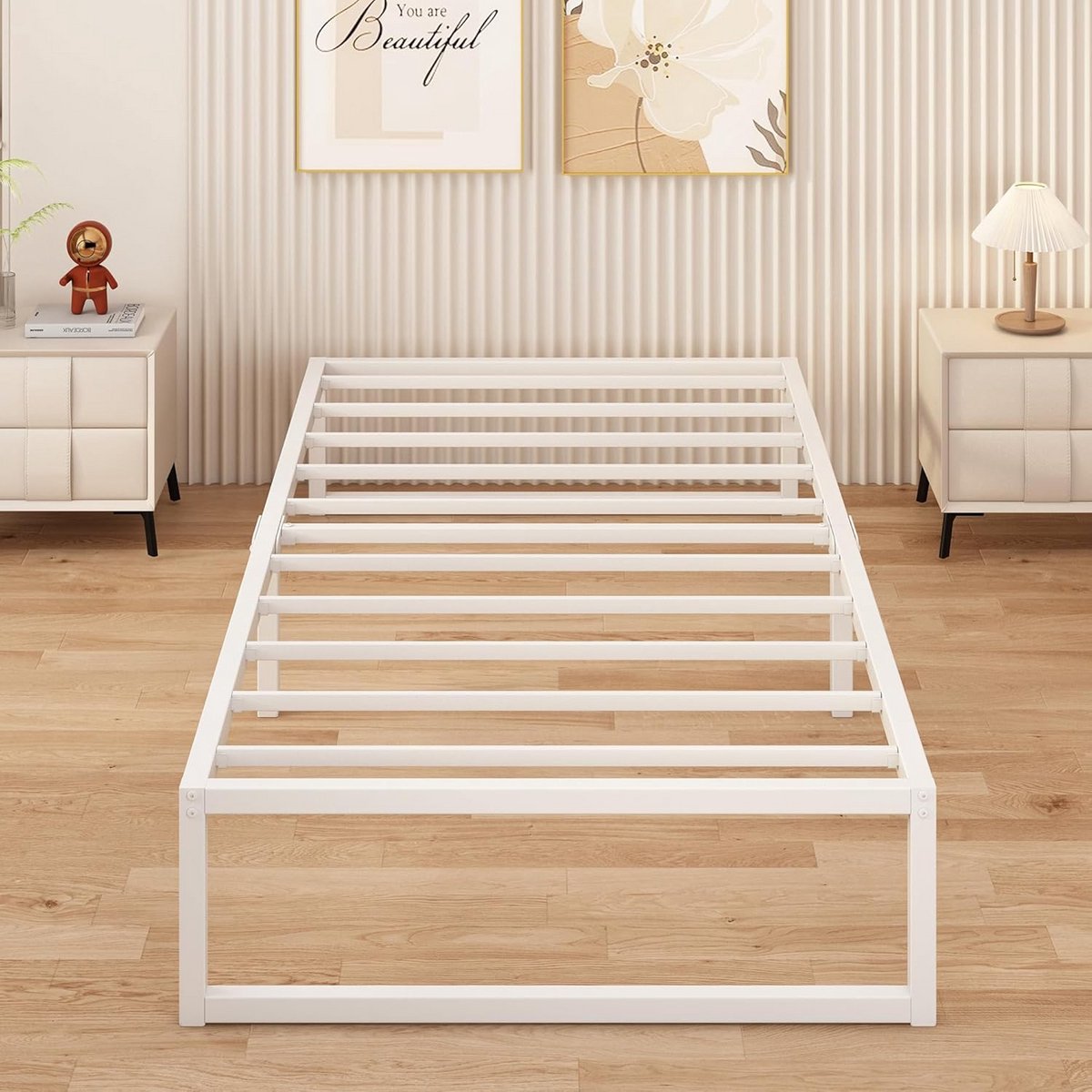 Eenpersoonsbed 90x190 cm Wit Metalen Bedframe met Lattenbodem
