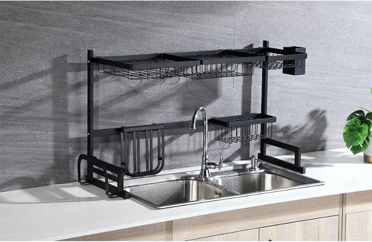 RVS Droogrek Keuken met Bestekhouder en Druipbak - Zwart - 85x32x52 cm