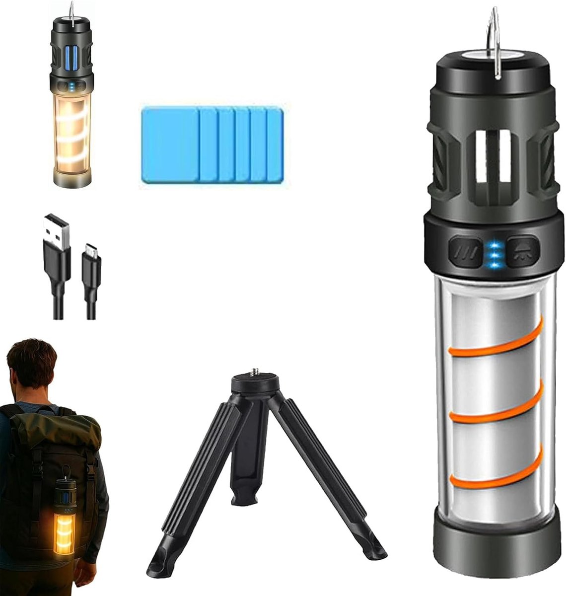 Draagbare campinglamp met statief – IPX5 waterdicht – 5 standen – USB-opladen (zwart)-Belle's product