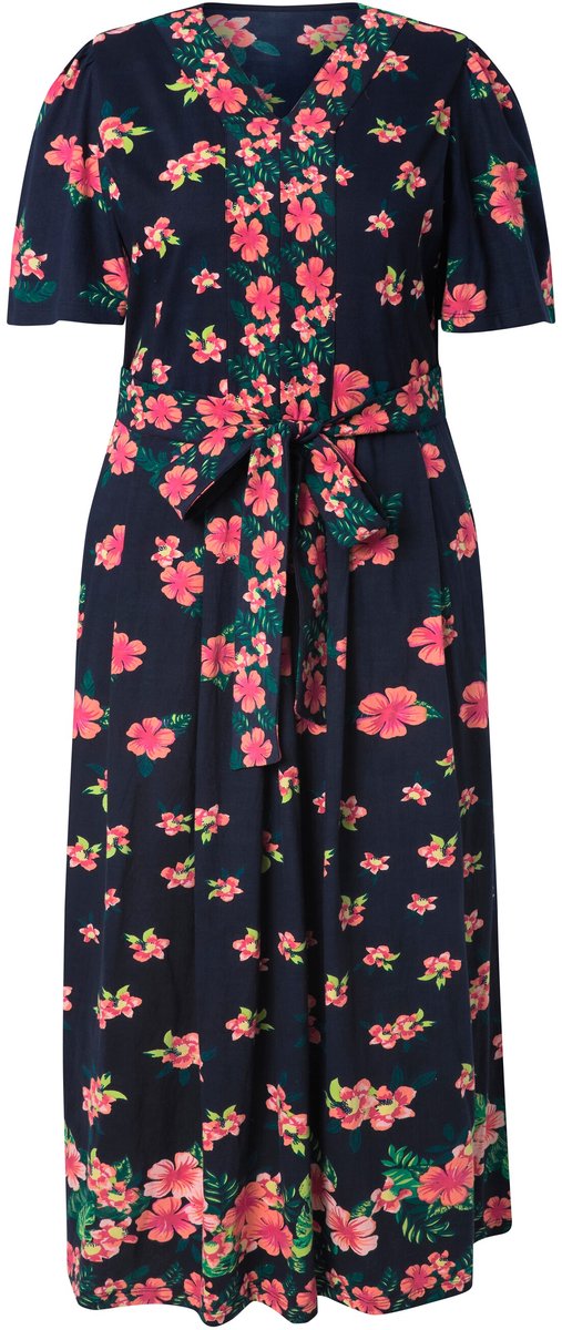 Ulla Popken Dames - Maxi-jurk bloemen V-hals korte mouwen - Marine - Maat 62+