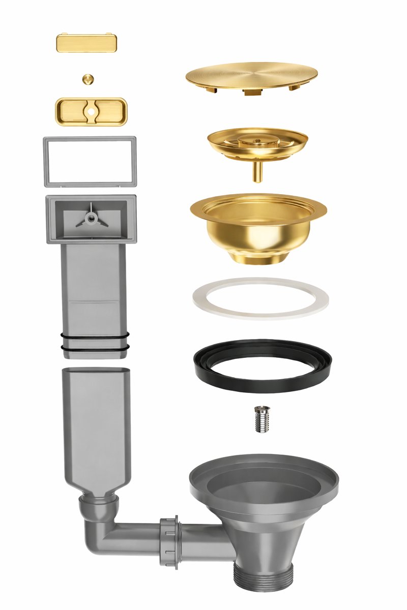 Waterval Korfplug Deluxe Afvoerset met Overloop Ø114 mm – RVS 304 – G1½ Aansluiting – Geschikt tot 90 mm Afvoer – Luxe Spoelbak Afvoer – Goud