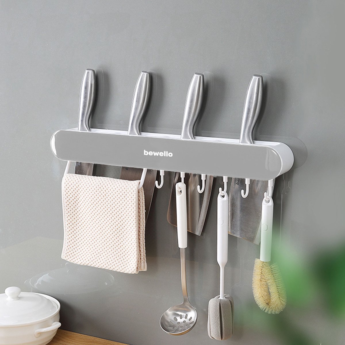 Wand Organizer met 7 Haken – Zelfklevende Opberger – 35 cm – Badkamer & Keuken – Wit / Grijs [BW3012]