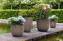 Drie taupe bloempotten met ribbelpatroon, gevuld met hortensia's en planten, op een houten vlonder aan een vijver.