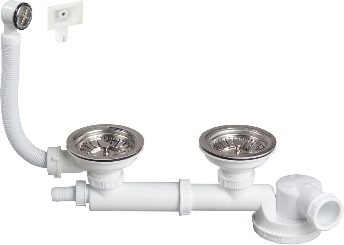 Complete Afvoerset voor Dubbele Spoelbak met Overloop en Ruimtebesparende Sifon - Diameter 90mm
