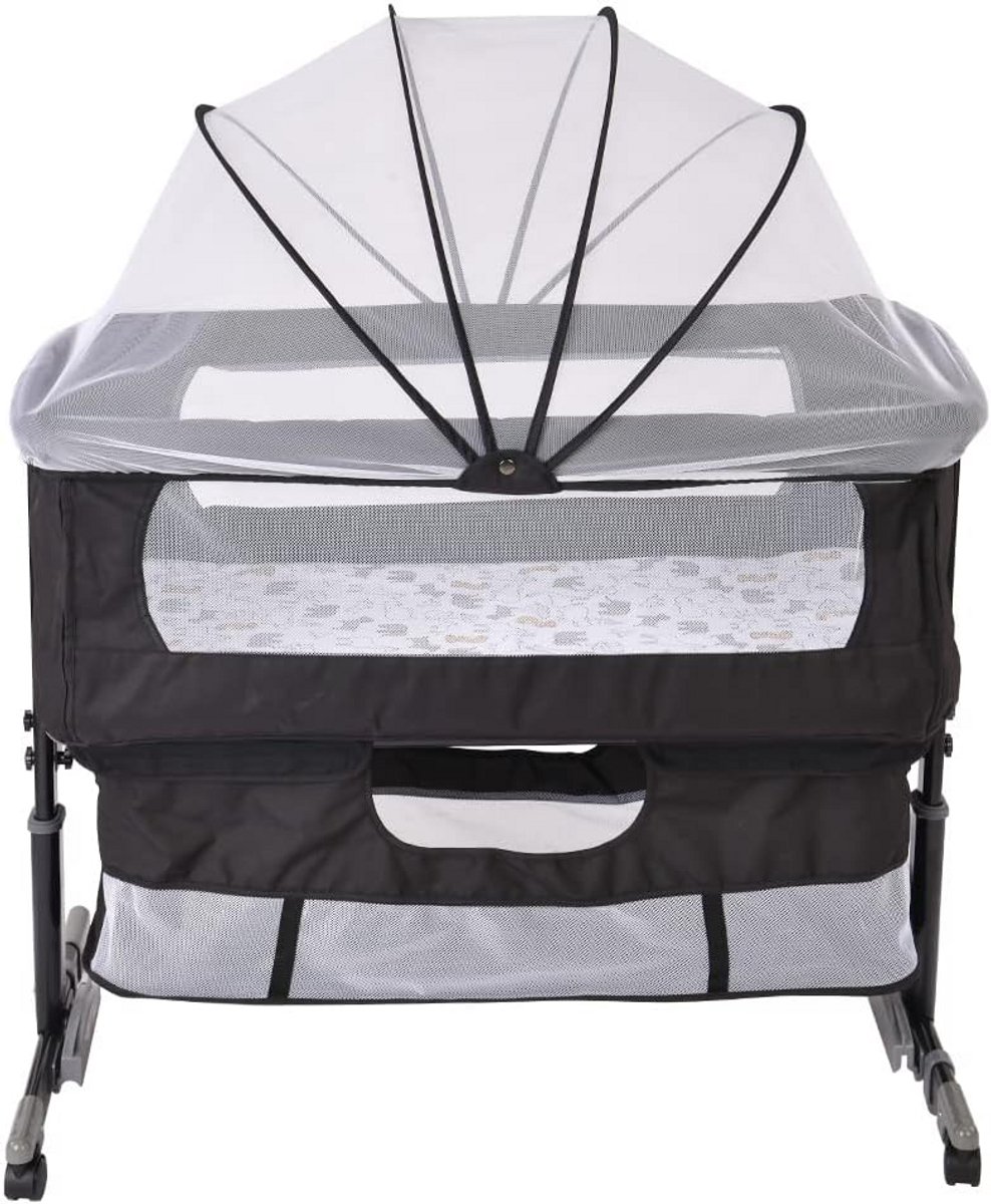 Babybed Sleeper, Baby Naast Wieg, Kinderbedje met Opbergmand, Draagbaar Basinette Babybed, 5 In Hoogte Verstelbaar Anti-Emesis Nachtkastje van 1 tot 36 Maanden-92 * 58 * 70-90 cm (zwart)