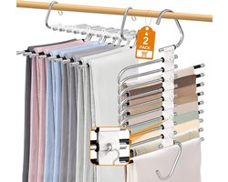 ZOBMIO 9-in-1 broekhanger, 2 stuks broekhouders voor kledingkast, ruimtebesparende broekhanger met haak, multifunctionele kleerhanger, geschikt voor broeken, jeans, sjaals, rokken