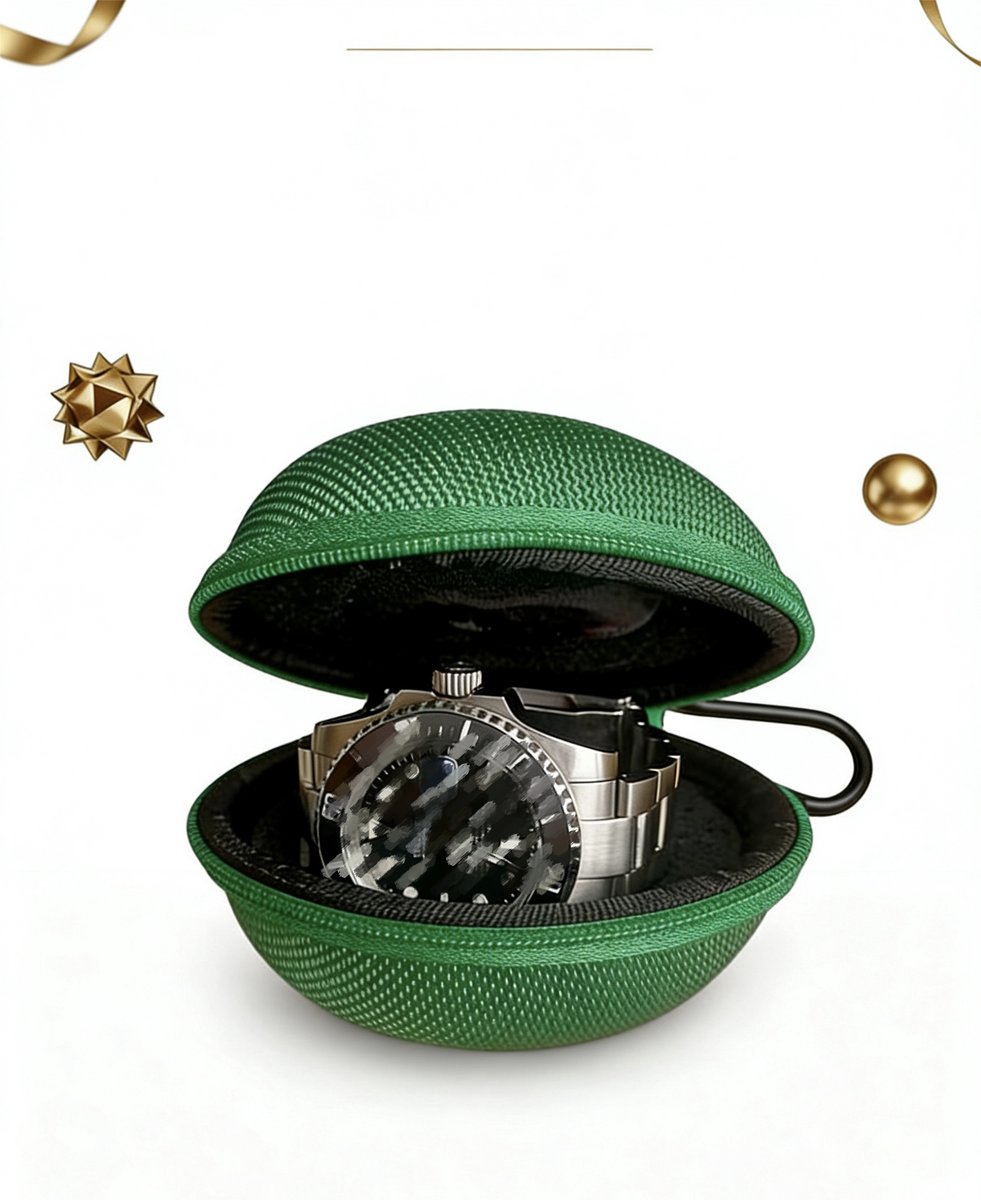 Draagbaar horlogeetui met ritssluiting, ergonomisch ontworpen om te voorkomen dat het horloge gaat schudden, geschikt voor horloges met een wijzerplaatdiameter van minder dan 50 mm, Groen.