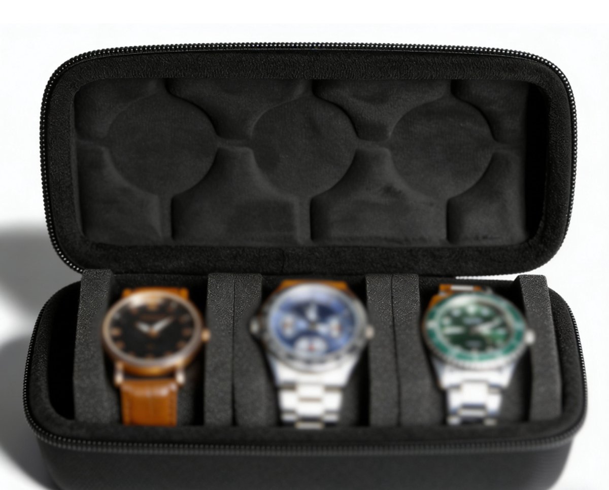 Horlogedoos van hard plastic met ritssluiting, 3 compartimenten, inclusief een horlogekussen om verschuiving te voorkomen en schokabsorberende vulling. Zwart.
