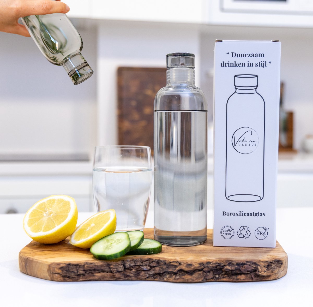 Ventji® Glazen drinkfles - 2 stuks - Waterfles glas - 500ML - Glazen dop - Duurzaam - Lekvrij - Smoked Black - Met Neopreen Beschermhoes — afbeelding 8