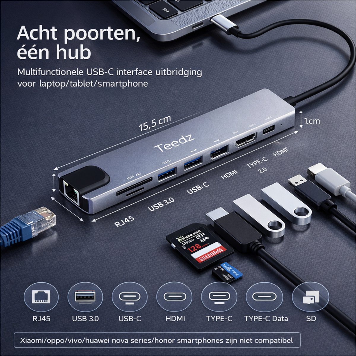 USB-C Hub 8-in-1 met HDMI 4K, Ethernet RJ45, 100W opladen, USB 3.0, SD/TF kaartlezer voor laptop/tablet - Afbeelding 2