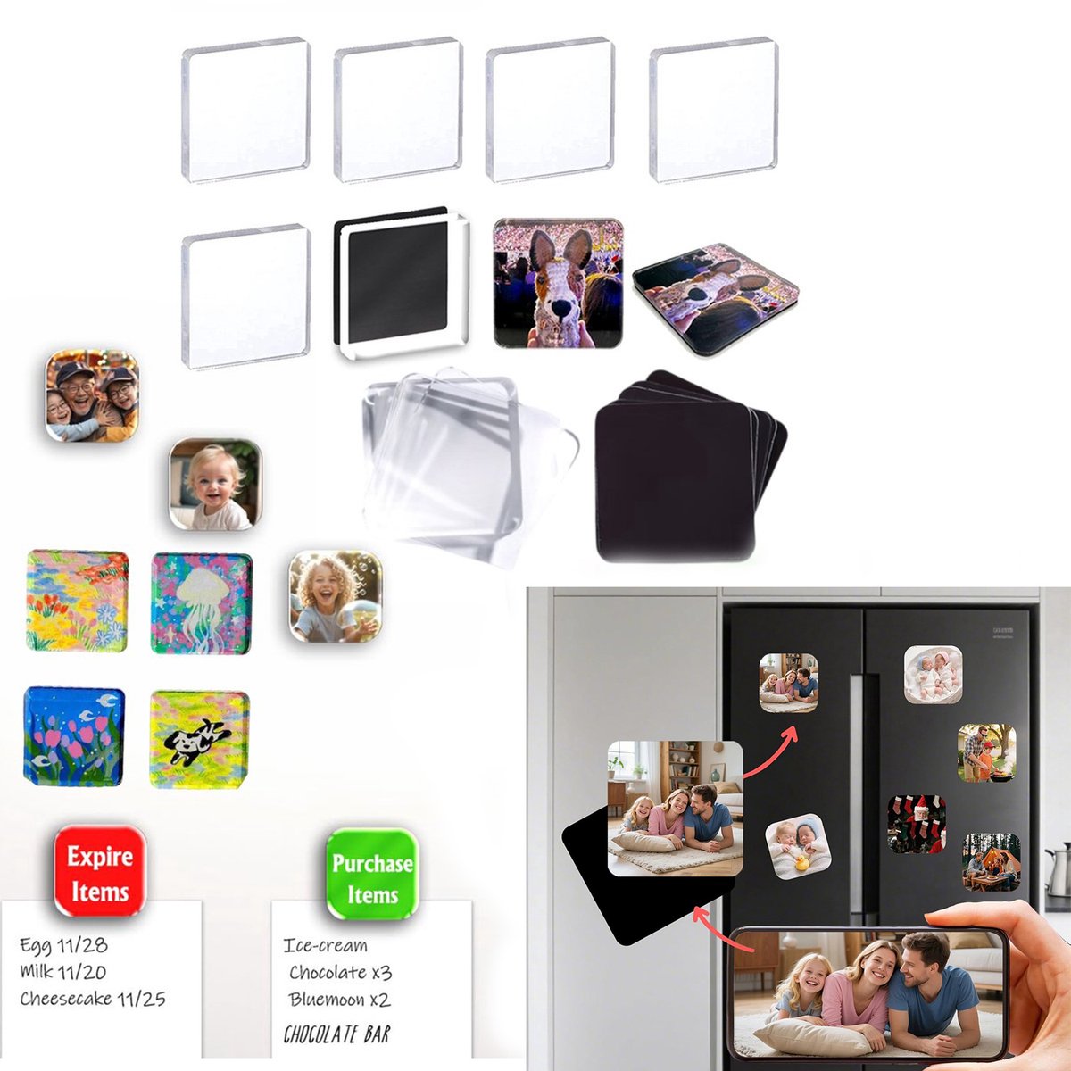Topmelon Magneten met Acryl - Creatief foto magneten - Koelkast magneten - 25 stuks Gepersonaliseerde pictogrammen magneten - (5x5 cm) - DIY - Thuis keuken oven muur deur decor