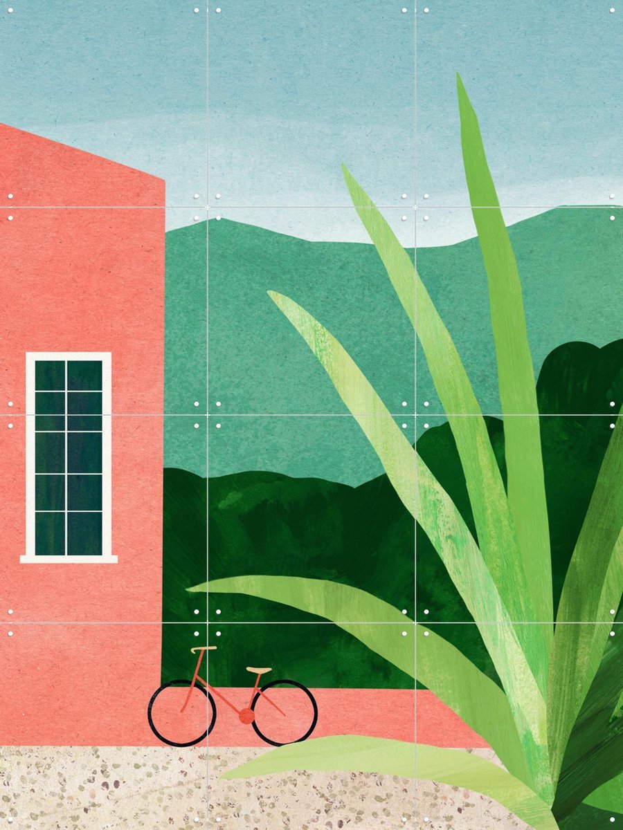 IXXI Bicycle Pink House, Henry Rivers - 60 x 80 cm - Gratis ophangtool - Grote wanddecoratie en posters - Illustraties, Kleurrijk, Natuur