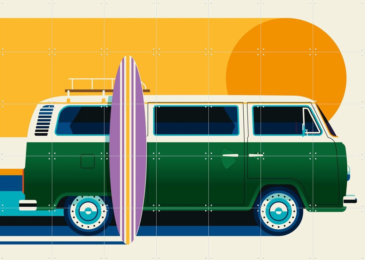 IXXI Vintage Camping Bus, Bo Lundberg - 140 x 100 cm - Gratis ophangtool - Grote wanddecoratie en posters - Kleurrijk, Grafisch Ontwerp, Vintage, Pop