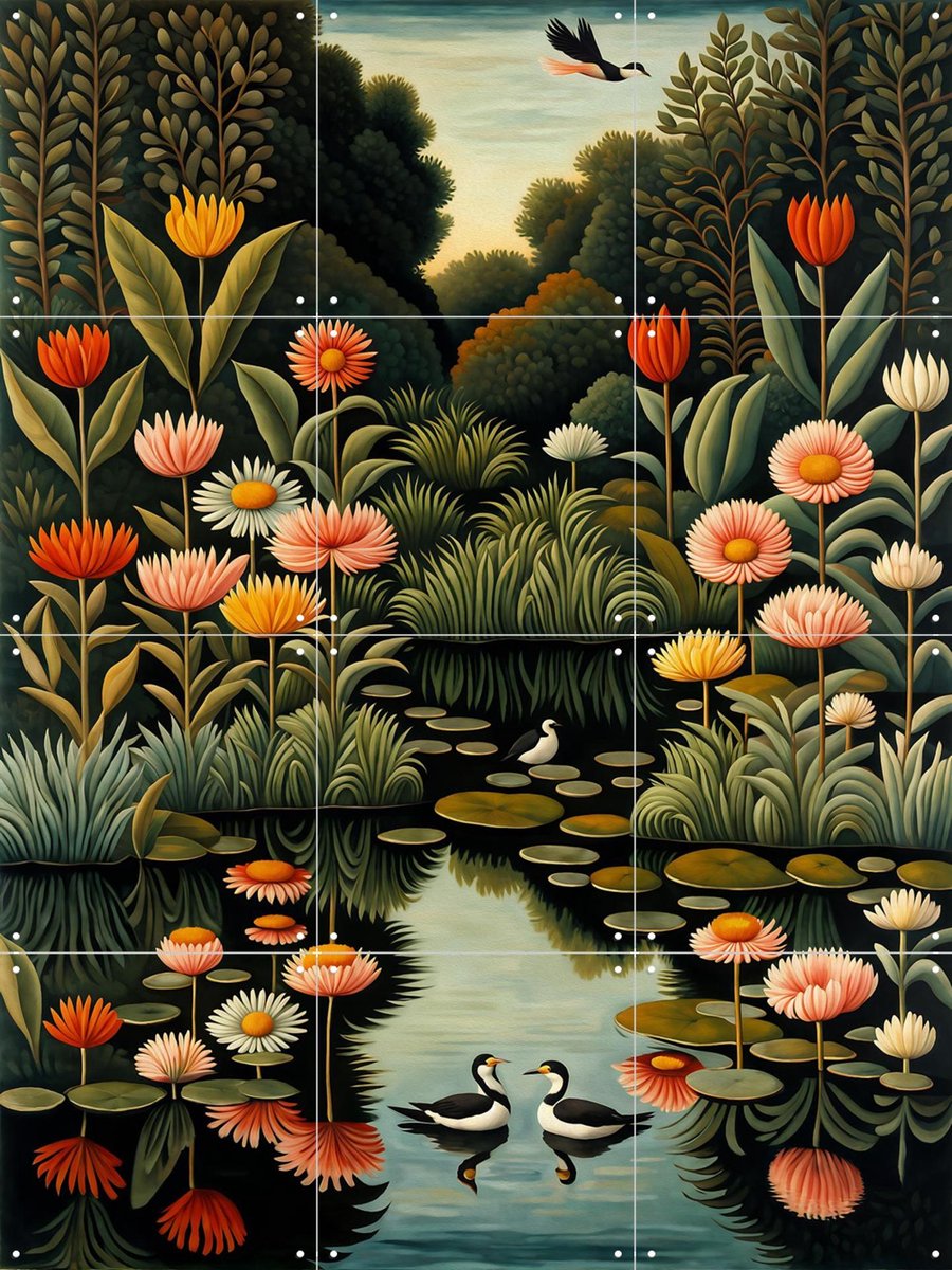 IXXI Birdsong Water Garden, Artclaud - 60 x 80 cm - Gratis ophangtool - Grote wanddecoratie en posters - Kleurrijk, Naturalisme, Grafisch Ontwerp
