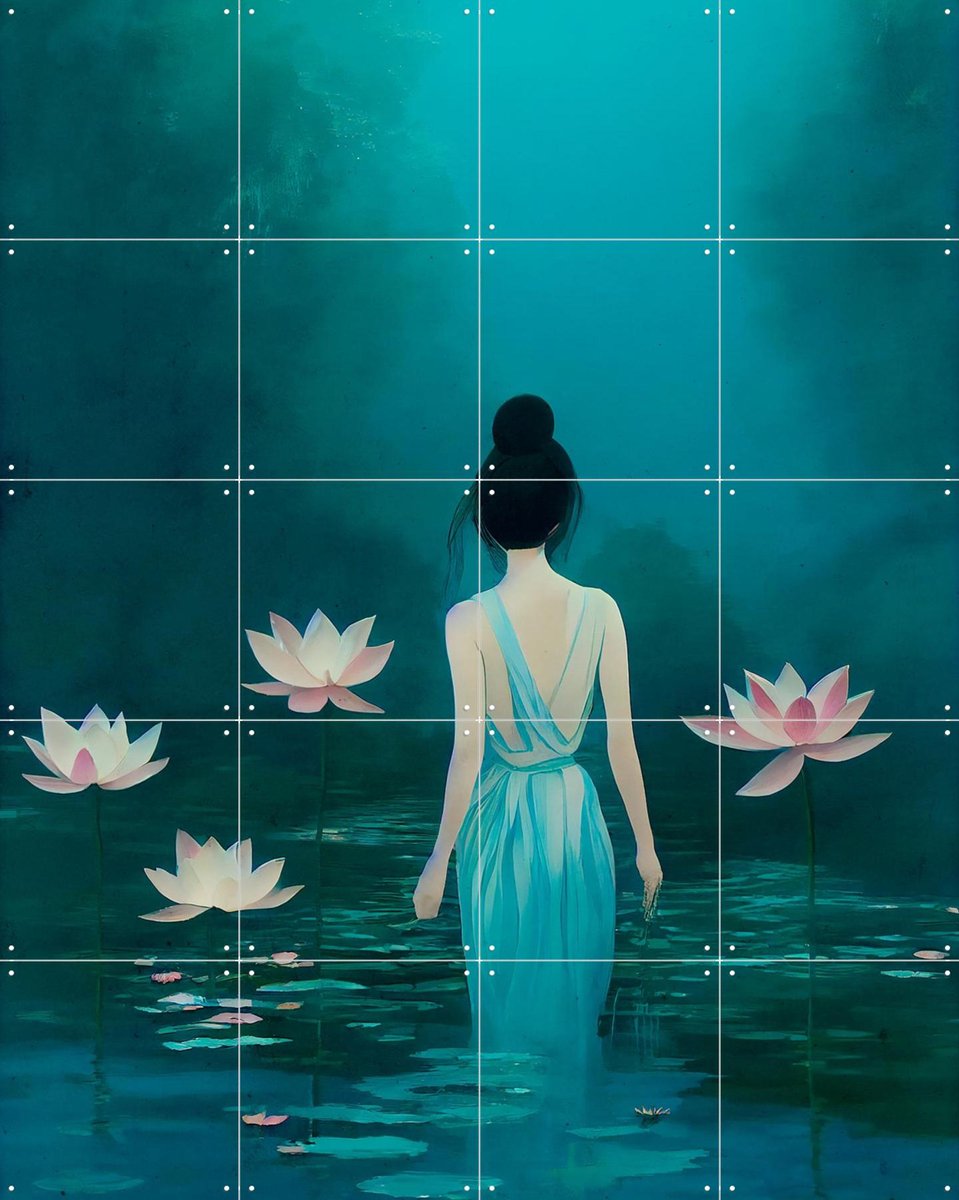 IXXI In The Pond, Treechild & Various - 80 x 100 cm - Gratis ophangtool - Grote wanddecoratie en posters - Kleurrijk, Grafisch Ontwerp, Bloemen