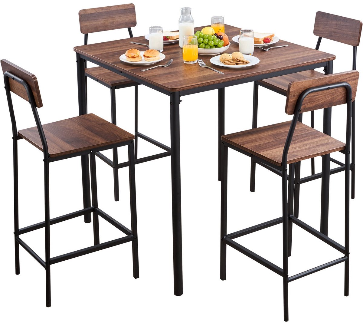 Bartafelset - 5-delige bistroset - Vierkante pubtafel 90 x 90 x 91 cm - Vier barkrukken - Afgeronde randen - Hoge eettafel
