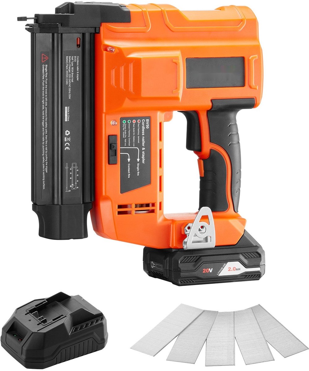Accu spijkerpistool - Bradtacker 18G (1,2 mm) 20 V - Snelheid 100 spijkers per minuut - Lithium-accu 2,0 Ah - Met oplader - Instelbare inslagdiepte - Inclusief 500 spijkers