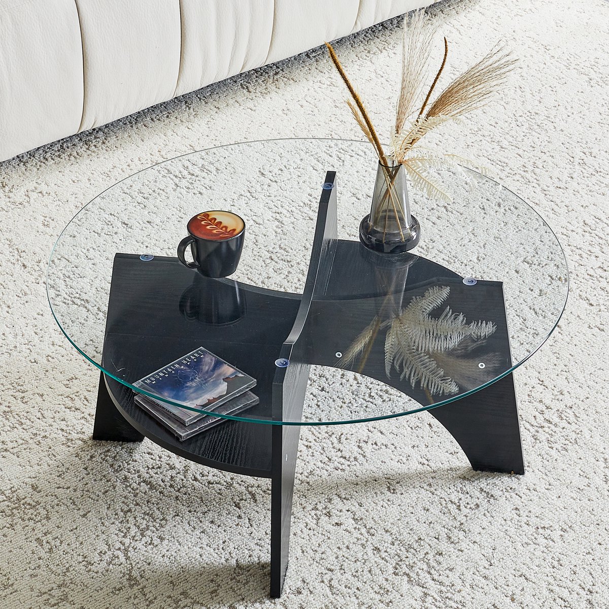 OKWISH Bijzettafel Rond – Minimalistisch Design Met Waaieronderstel – Voor Woonkamer Eetkamer Kantoor – MDF Zwart Glas Transparant – 80×36 Cm