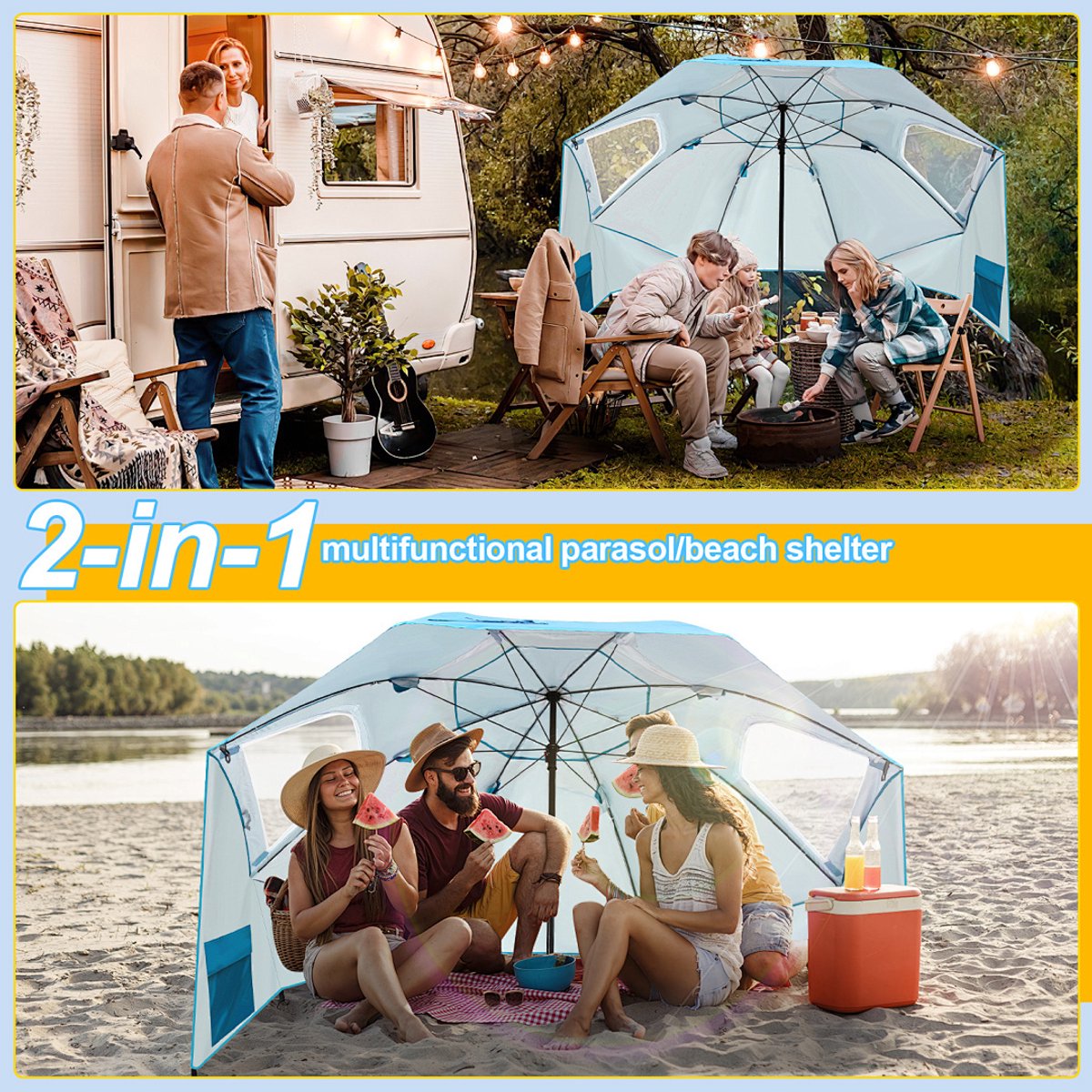 Parasol Strandparasols, Stokparasols en Balkonparasols met 210 cm Zonnenscherm, UV-bescherming 50+ - Inklapbaar, Waterafstotend, Grondpin en Draagtas Inclusief, Perfect voor Strand, Tuin en Balkon als Tuinparasol, Hemelsblauw – foto 5
