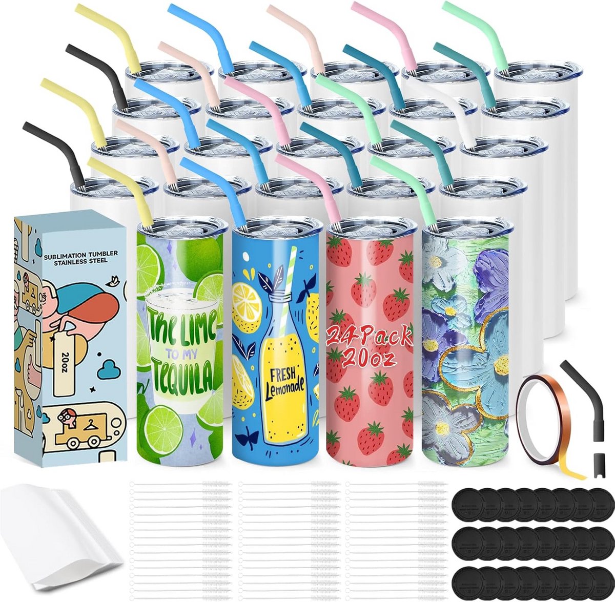 24 Stuks Sublimatie Tumblers 20 OZ Wit RVS Drinkbeker Set met Deksel en Rietje