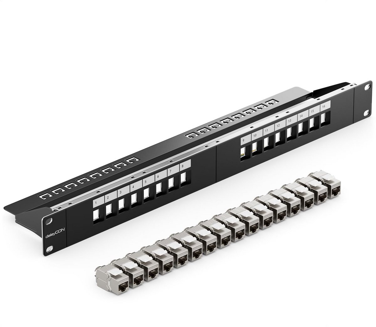 16-Poorts CAT 7 Keystone Patchpaneel Set voor 19" Rackinstallatie - 10 Gbit/s