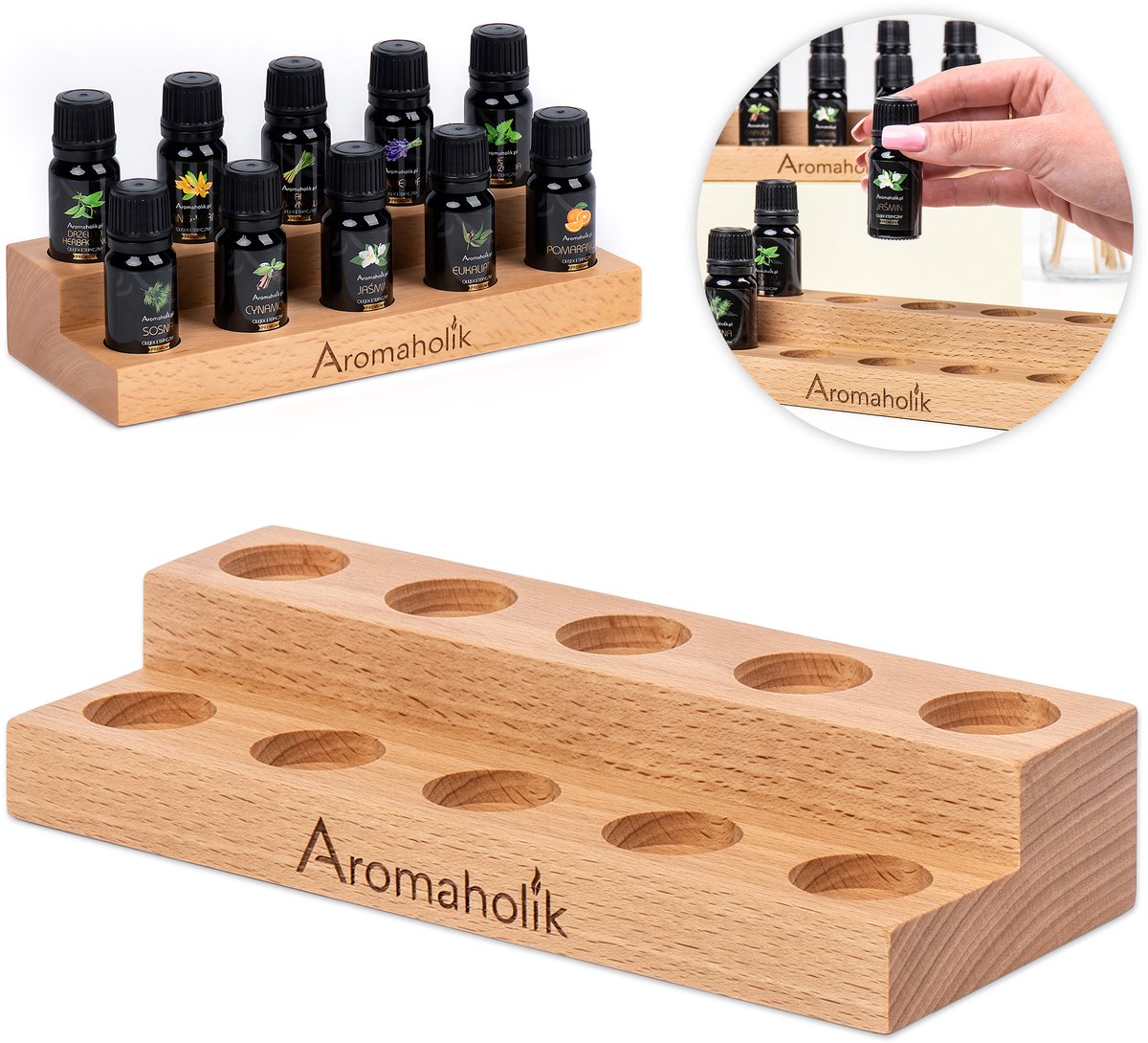 Aromaholik - Etherische Olie Organizer - Houten Display voor 10 Flesjes (10ml) - Beukenhout