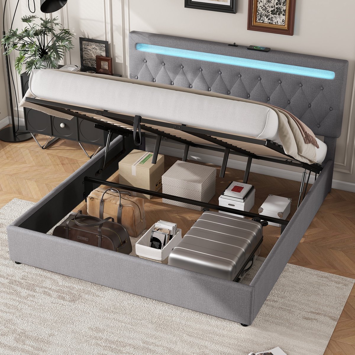 MODENUIT Gestoffeerd bed 180x200 cm – Hydraulisch hefmechanisme met opbergruimte – Usb-aansluiting – Zonder matras – Grijs
