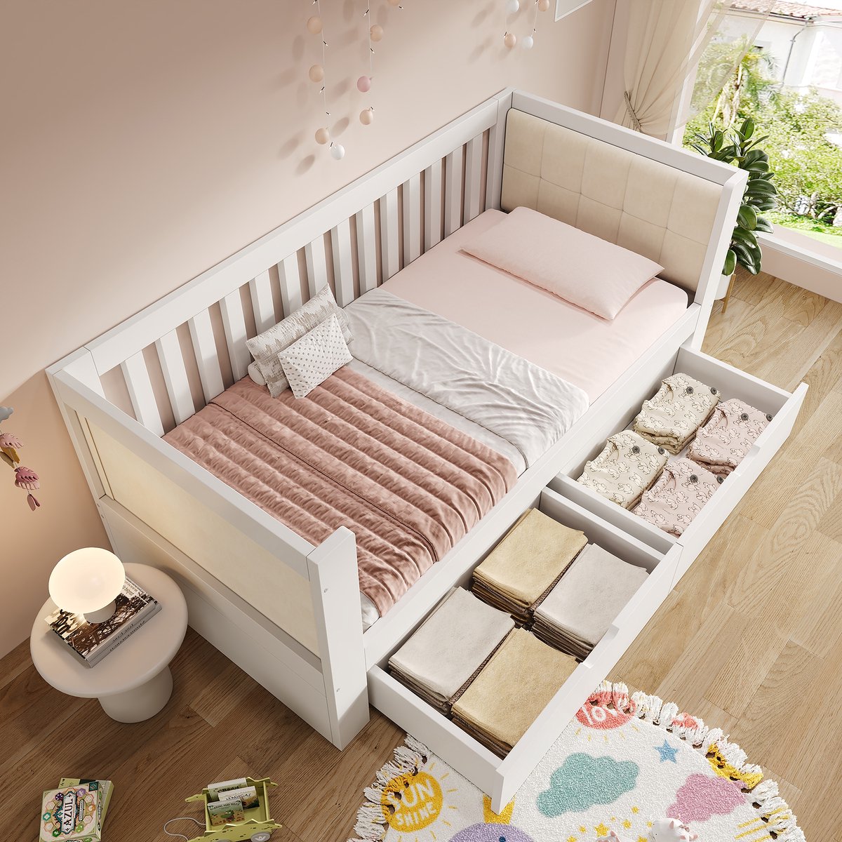 MODENUIT Slaapbank 90x200 cm – Bedframe met driezijdige rugleuning – 2 opberglades – Zonder matras – Hout – Wit