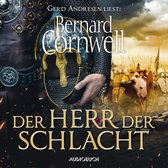 Boekhoes met een helm, gehuld in maliënkolder, met een legertje op de achtergrond. Tekst: DER HERR DER SCHLACHT.