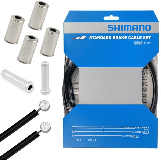 Shimano standaard remkabelset met vier zilveren eindkappen, een zilveren insteekhuls en twee zwarte kabels met zilveren uiteinden.