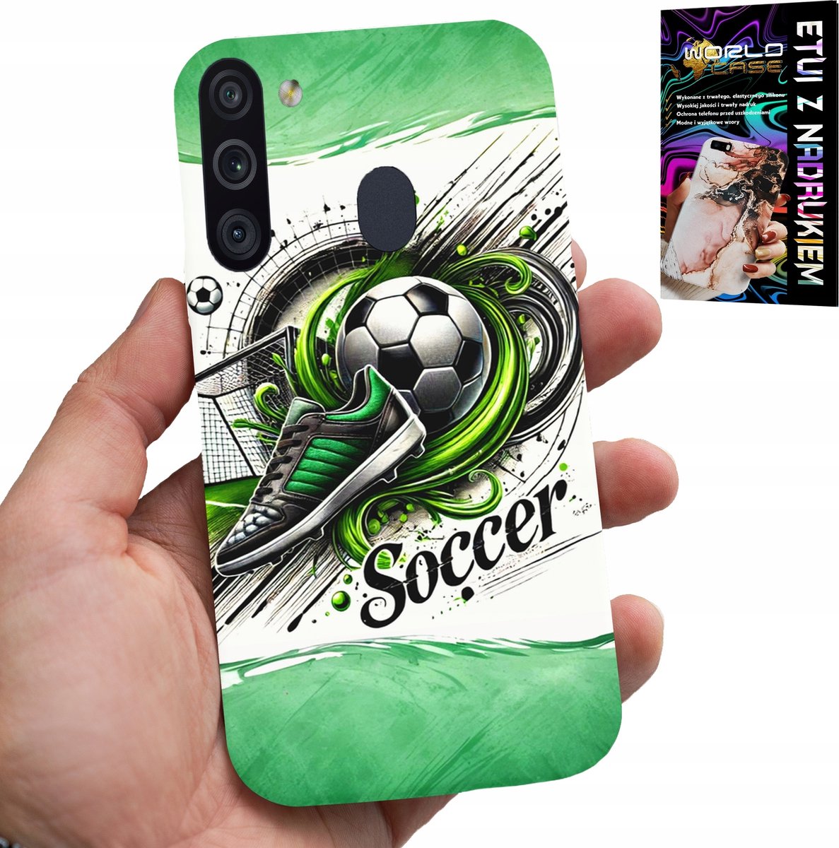 HOESJE VOOR SAMSUNG GALAXY A21 - VOETBAL, VOETBALHOESJE + GLAS