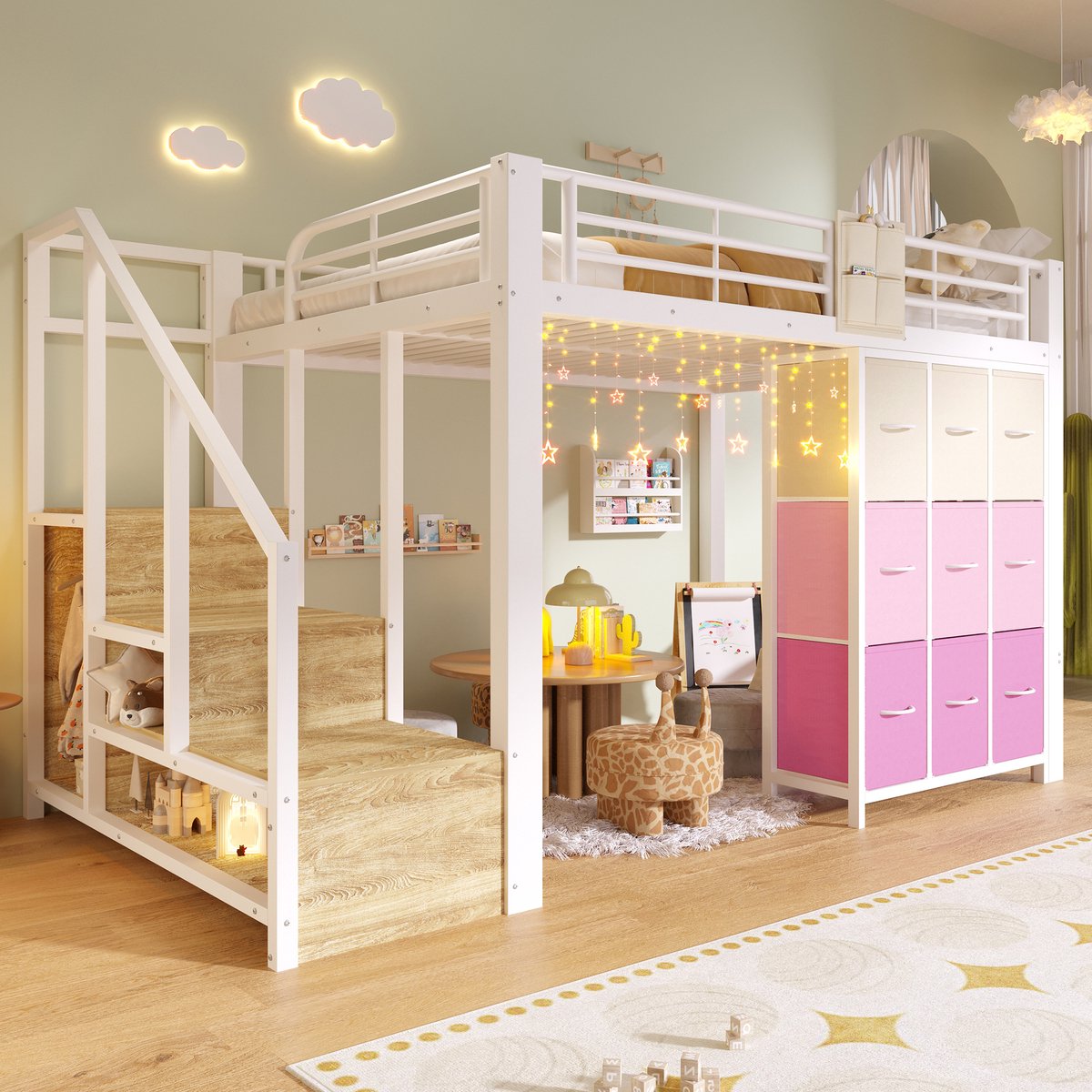 HAUSS SPOLE Hoogslaper 140x200 cm - Met Laden, Kledingstang en Opbergtrap - Zonder Matras - Metaal en MDF - Wit