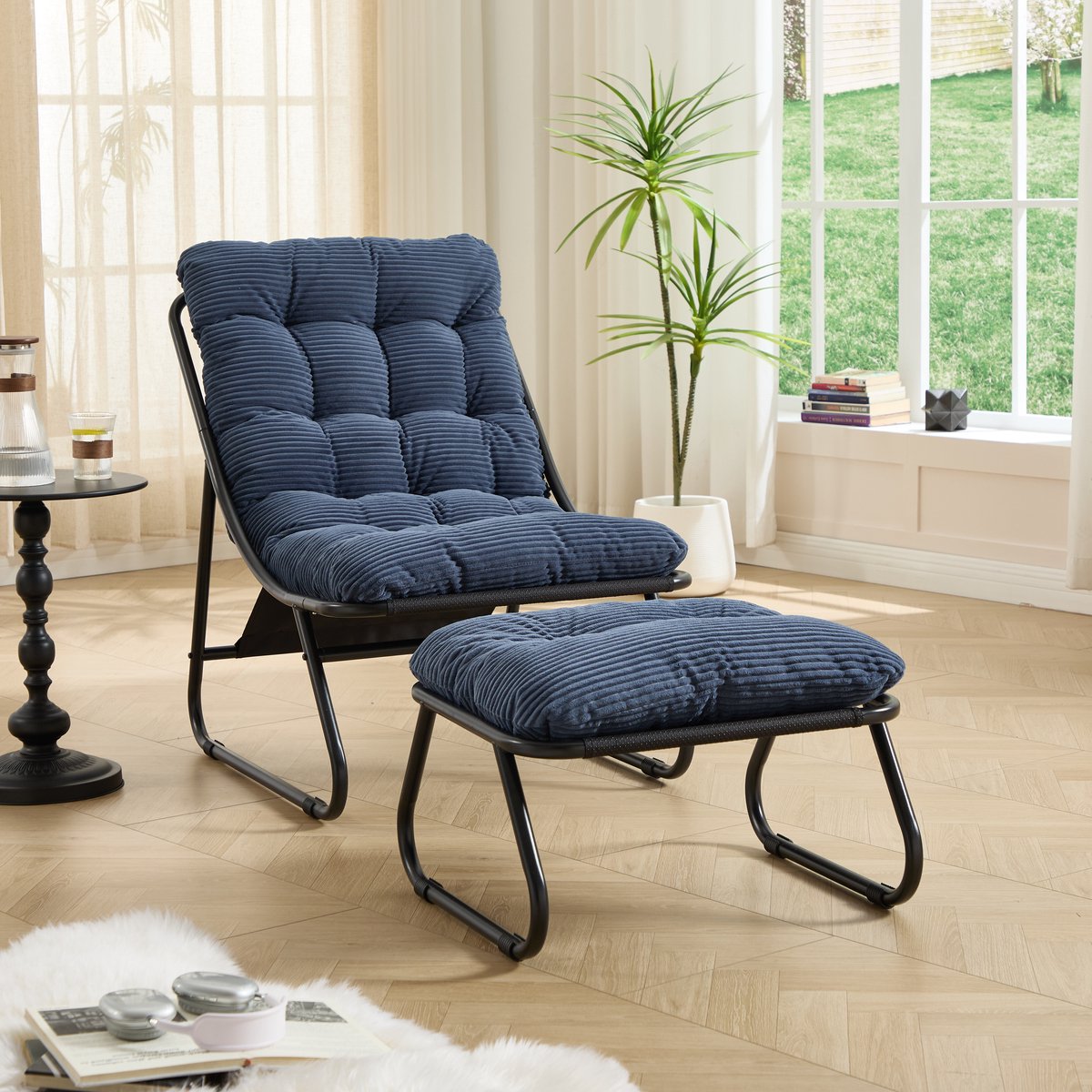 HAUSS SPOLE Loungestoel - Fauteuil Met Hocker - Zacht Zit- En Ligcomfort - Voor Woonkamer En Terras - Staal - Marineblauw